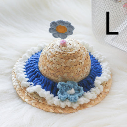 Pet Cute Knitted Straw Hat Flower Hat Cat Dog Photo Props